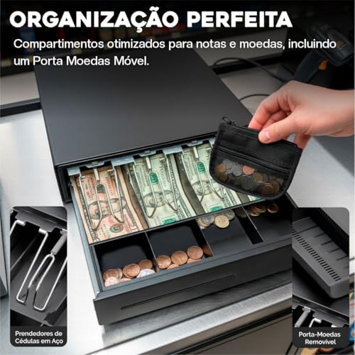 Caixa de Dinheiro Gaveta Registradora Preta Noteiro Moedeiro Abertura Automática e Manual com Chave Reforçada