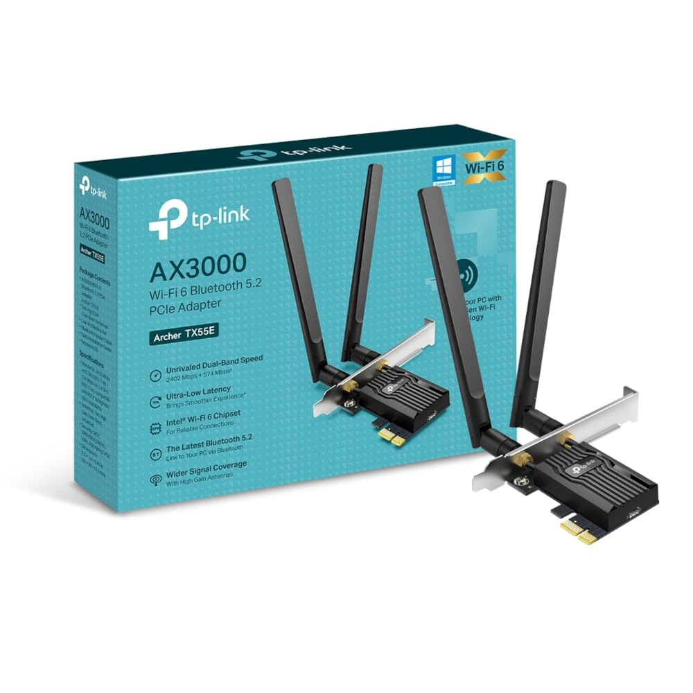 TP-Link Archer TX55E AX3000Mbps Bluetooth 5.3 Dual-Band WiFi 6 PCIe Card with Two Antennas, Specialized Heatsink WiFi Adapter for PC, 1024-QAM, Ultra-Low Latency, Supports Windows 10/11(64bit)