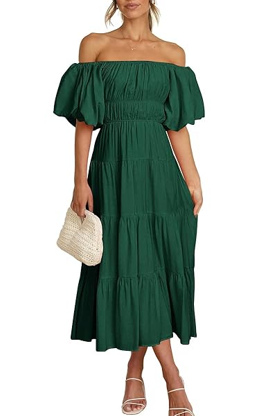 LILLUSORY WOMENS GREEN OFF THE SHOULDER PUFF SLEEVE 2023 SMOCKED BABYDOLL FLOWY BOHO MIDI TRENDY SPRING SUMMER SMOCKED DRESS