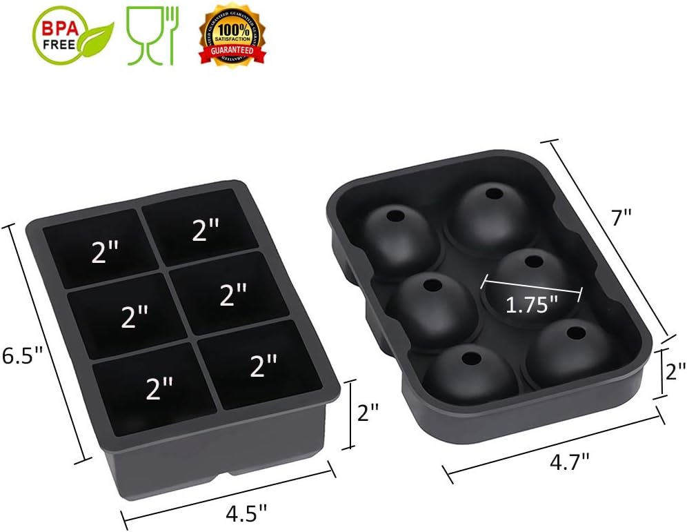 Ticent Ice Cube Trays (Set of 2), Silicone Sphere Whiskey Ice Ball Maker with Lids & Large Square Ice Cube Molds for Cocktails & Bourbon - Reusable & BPA Free: Kitchen & Dining