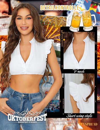 Funspread Dirndl Blouse Women's White - Dirndl Blouse Short Sleeve Dirndl Blouses V Neck Costume Blouse