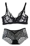 VamJump Women Sexy Full Lace Bralette See Through Bra Set And Panty