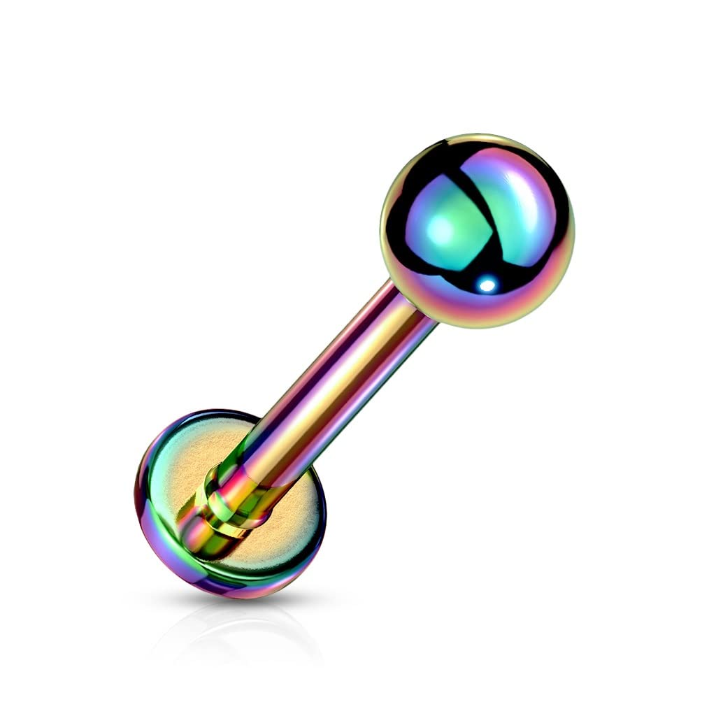 PiercedOff Rainbow IP over 316L Surgical Steel 1.2mm Labret with Threadless Push in 3mm Top Ball - Length 6mm