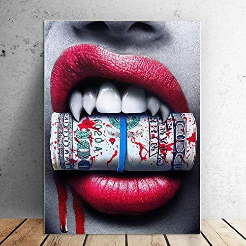 Faicai Art Sexy Red Lips With Money Dollars Canvas Art Prints Home Decor Paintings Printed Oil Paintings On Canvas Wall Art for Living Room Office Bar Creative Ideal Gifts Wooden Framed 24x36 inch