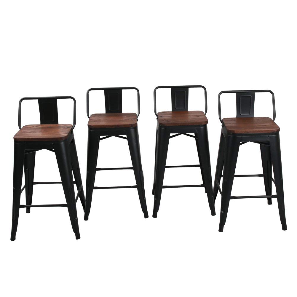 HAOBO Home 24" Low Back Metal Counter Stool Height Bar Stools with Wooden Seat Barstools, Matte Black