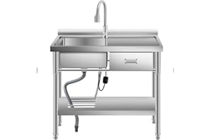 39"X14"x33" Free Standing Stainless Steel Utility Sink, Single Bowl Commercial Sink with Drawers, Workbench, Hot & Cold Water