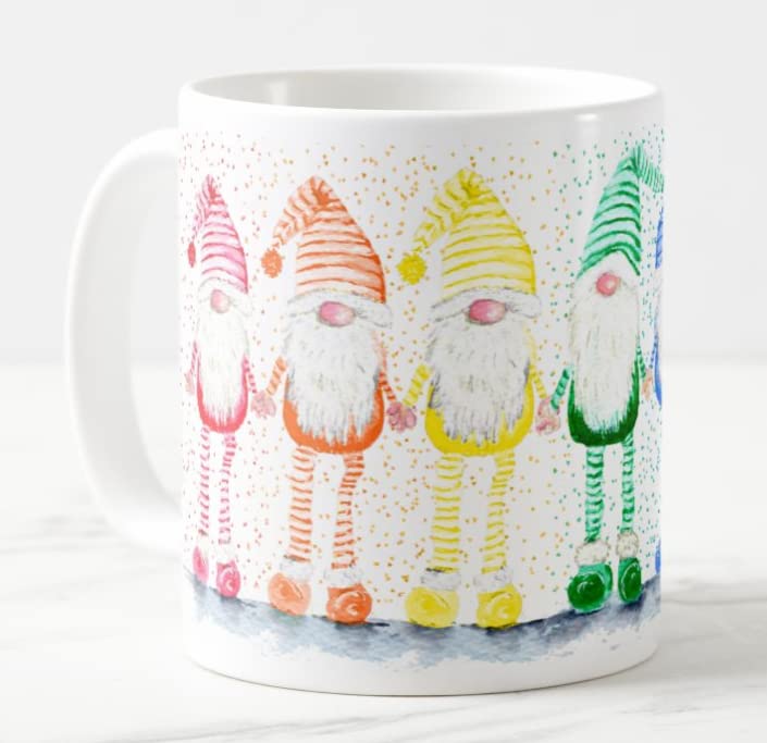 Vixar Rainbow Gonk Watercolour Art Coloured Mug Cup Gift Birthday Work Office Christmas Tea Coffee (White)