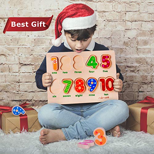 Learning Games Jigsaw Puzzle Best Christmas Gift for 1 2 3 Yeas Old Boy Girl Toddler Toy, Wooden Learning Toy with 10 Geometric Blocks Preschool Sorting & Stacking Toys Parent-Child Interaction Toys - Thumbnail 2