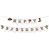 Western Cowboy Theme Happy Birthday Banner, Pre-Strung Retro Wild West Party Decoration for Boys Men Hat & Boots Rodeo for Party Supplies