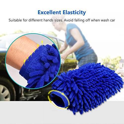 COOCHEER Waterproof Car Wash Mitt, 2-Packs Double Sided Microfiber Wash Mitt With Free Polishing Cloth, Extra Large Chenille Wash Glove, Super Absorbent, Lint Scratch Free (Wash Mitt1, Blue)