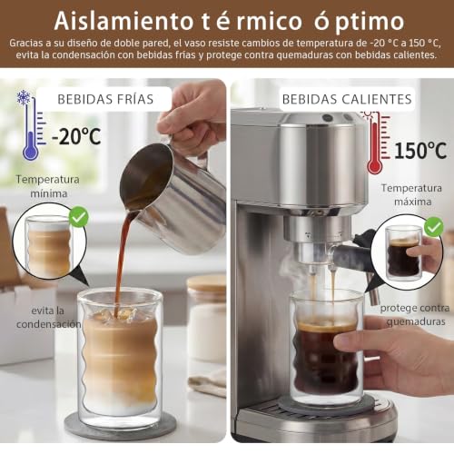 Juego de 4 Tazas de Café de Cristal 350ml – Vasos de Doble Pared de Vidrio Borosilicato con 4 Cucharillas y 4 Posavasos – Ideales para Café con Leche, Té, Latte, Macchiato y Espresso – Regalo para Pad