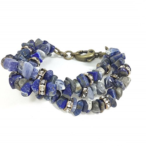 Multi-strand Beaded Lapis-Lazuli Bracelet with Brass and Rhinestone Accents
