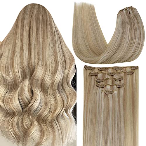 LaaVoo Blonde Highlighted Clip in Human Hair Extensions 14inch Real Human Hair Clip in Hair Extensions Highlight Blonde Clip on Remy Human Hair Extensions Double Weft 5pcs 70g โ image 1