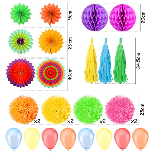 Koogel 27 STK. Seidenpapier Blumen Pompoms Set, 8 Papierblumen 2 Wabenbälle 6 Fächer 3 Quaste Girlande 8 Ballons für Party Hochzeit Geburtstag Festival Zeromonie Fasching Deko