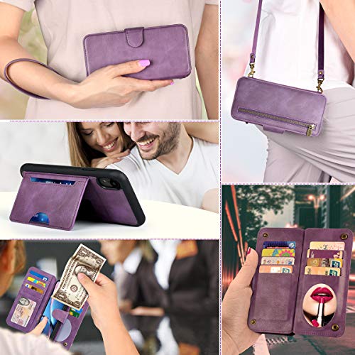 CORNMI iPhone XR Wallet Case, 13 Card Holders Crossbody Wrist Strap Mirror Kickstand Detachable Purse Leather Folio Zipper Pocket Flip Protective Cover