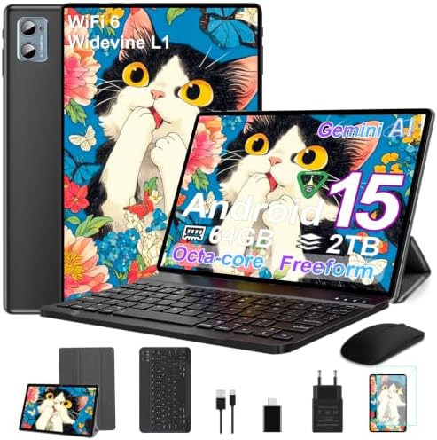 2026 Tablet Android 15 Octa Core Tablets 10 Zoll mit 64 GB ROM + 2 TB TF | 5G + 2,4G WiFi|Bluetooth 5.0 |8 MP + 5 MP | Typ C,Touchscreen-Tablet mit Hülle, Tastatur und Maus-Tiefschwarz