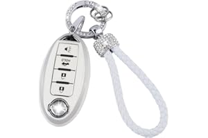 UHONSN for Nissan Key Fob Cover 4 Button Auto Start Soft TPU Smart Keyless Case Keys Protector Chain Cute Car Accessories Girly White