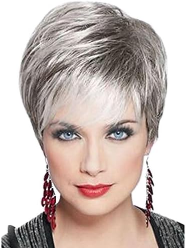 Xingoukeji Short Wigs for White Women Straight Human Hair Silver Lady Short With Bangs Human Wigs with Wig Cap