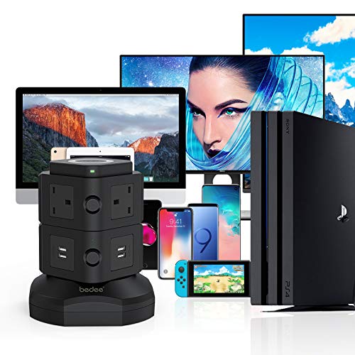 bedee Tower Extension Lead with Surge Protection, Multi Plug Power Extension Tower with 4 USB Slots, 6 Sockets & Wireless Charger, Vertical Power Strip with 2 Metre Cord & Individual Switches, Black