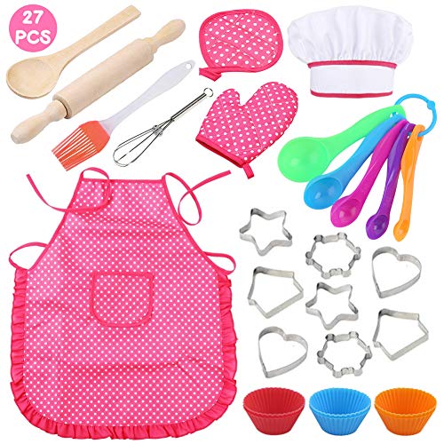 3 otters 27pcs Kids Chef Set, Kids Baking Sets with Apron Chef Hat Chef Costume Dress Up Chef Outfit for 2 3 4 5 6 7 8 Year Old Girls Stocking Stuffers