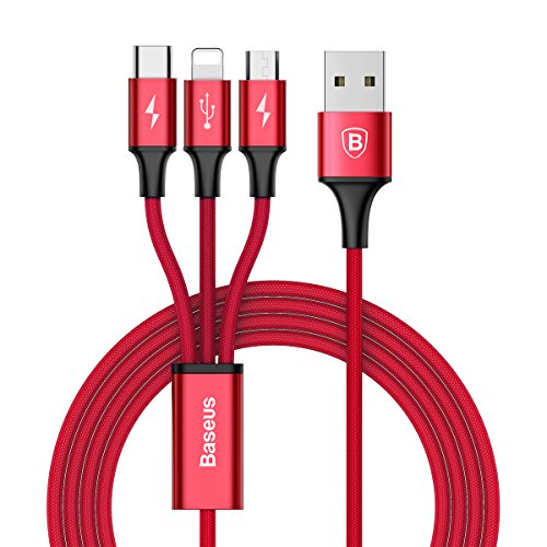 Baseus USB to Micro/USB-C/Lightning 3 in 1 Multiple 3A USB Charging Cable for iPhone X/8 8 plus/ 7 7 plus/iPad/Macbook/Galaxy S8 plus/Lg V20/Huawei Mate 9 (Red)