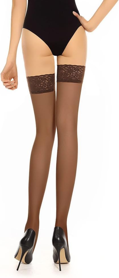 Fashionlegs ® Sheer Quality Hold Ups Double Silicone Lace Band (Medium, Cocoa)