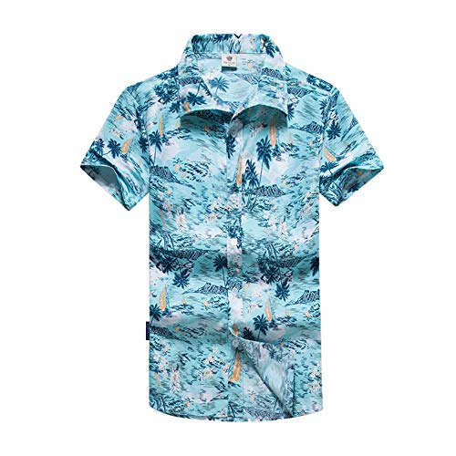 KIKISHOPQ Hawaiian Shirts Mens Printing Print Beach Aloha Party Holiday(Blue Large)