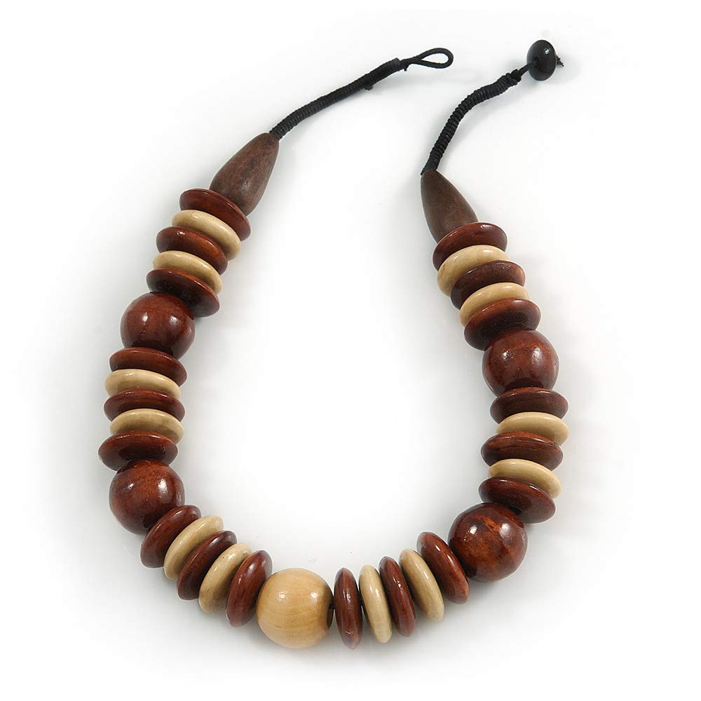 Avalaya Statement Brown/Natural Round and Button Wood Bead Necklace - 56cm L