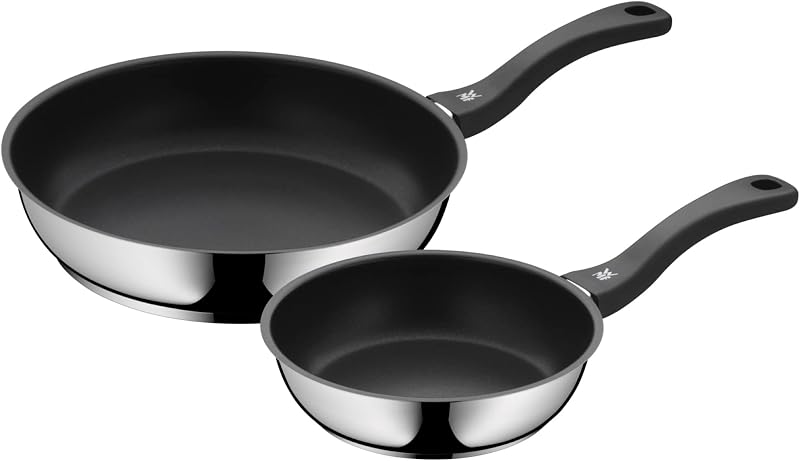 Wmf conjunto de 2 frigideiras antiaderentes devil, 20 e 28 cm, aço inoxidável e revestimento antiaderente para todos os tipos de fogões incluindo indução, sem pfoa, preto