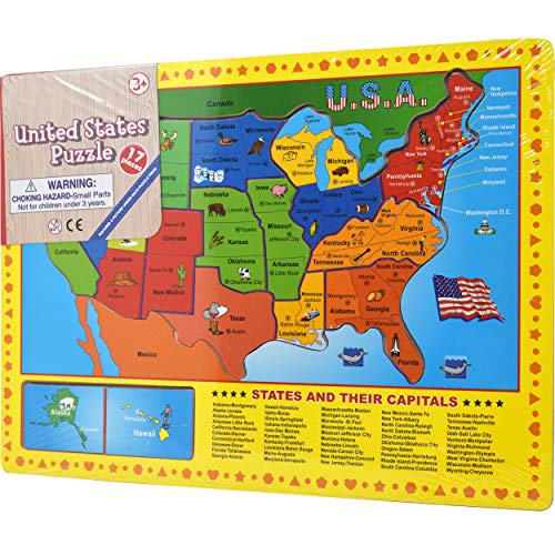 USA Map Wooden Puzzle - 17 Large Jigsaw Puzzle Board, Learn Geography of United States of America and Capitals, Educational Fun Learning Toy for Kids Girls and Boys