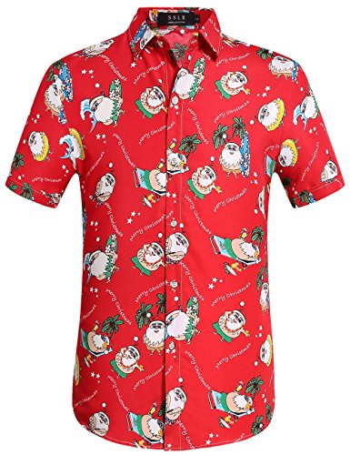 SSLR Men's Santa Tropical Button Down Short Sleeve Casual Hawaiian Shirt (4X-Large, Red)