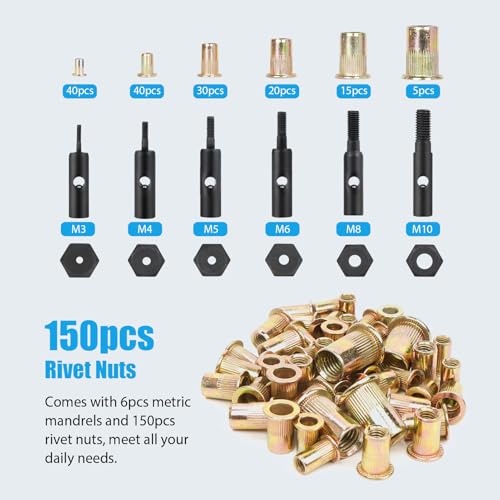 INCIKITI Rivnut Tool Kit Rivet-Nut Gun 14" Rivet Nut Tool with 150pcs Rivnut, Professional Riv Nut Gun Set and M3 M4 M5 M6 M8 M10 6 Metric Mandrels, Rivnut Tool with Rugged Carry Case