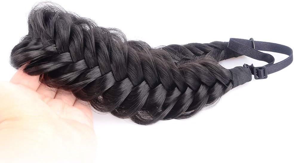 BOBIYA - 2-Strand Wide Braided Synthetic Hair Headband, Classic Natural Thick Braid for Women & Girls (Natural Black)