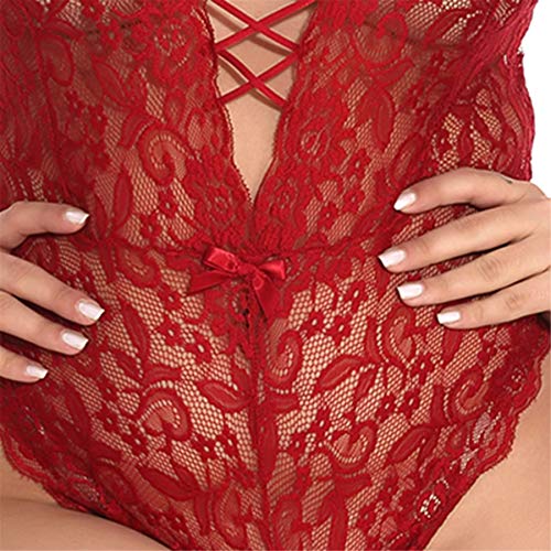 Women Sexy Lingerie Plus Size Lace Babydoll Bodysuit Floral Nightwear Robe Bridal Lingerie with G-String (L2, Wine) - Thumbnail 5