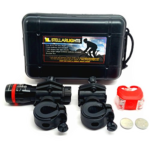 StellarLights - Solid Aircraft Aluminum Bike Light - Bright 240 Lumens LED Bicycle Headlight with Tail Light - Waterproof -
