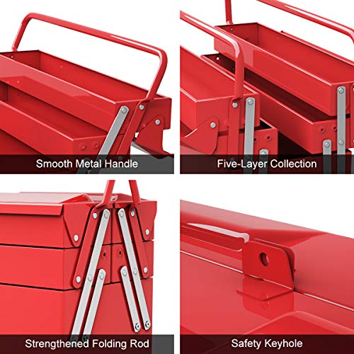 Goplus Metal Tool Box, Portablr Cantilever Toolbox Organizer with 5