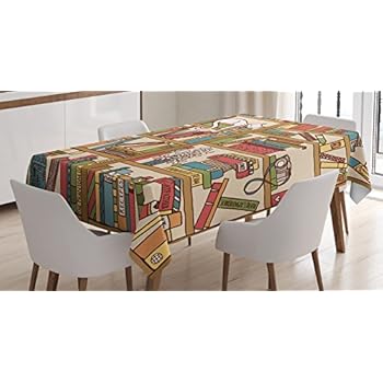 Ambesonne Cat Tablecloth, Nerd Book Lover Kitty Sleeping Over Bookshelf Library Academics Feline Boho Design, Rectangular Table Cover for Dining Room Kitchen Decor, 60