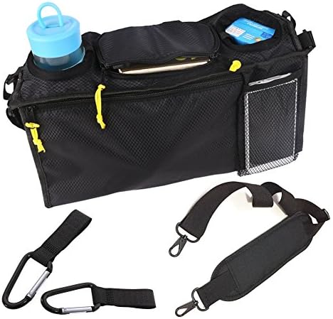Stroller Organizer with Cup Holder for Smart Moms|PADDED Shoulder Strap & BONUS Stoller Hooks(2pcs), Extra-Large Storage Space for iPhones, Wallets, Toys, Diapers, Bottles for Walking Shopping (Black)