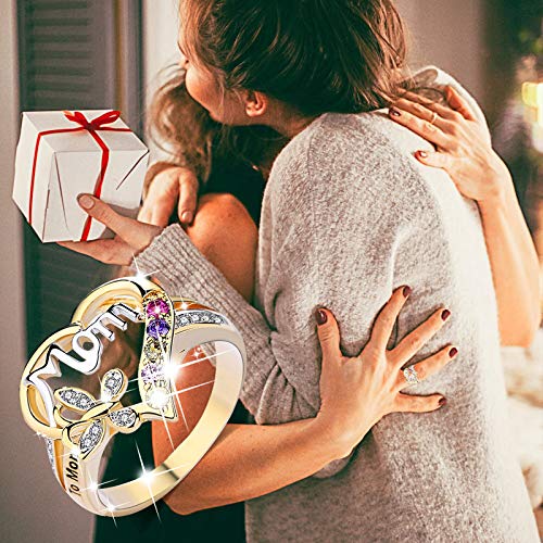 Ymibull Mother\'s Day Love Heart Ring Mother\'s Day Ring Bridal Zircon Diamond Elegant Engagement Wedding Band Gift (Golden, 7)