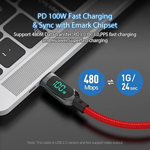 Cavo USB Tipo C,100W Ricarica Rapida Nylon Intrecciato Cavo USB Tipo C con display a LED per lPhone 15/15 Pro/15 Plus,lPad Air, MacBook Pro, Galaxy S23/S22 (Rosso, 2m)