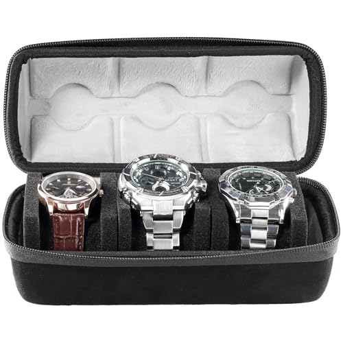 ProCase Watch Travel Case for Men Women, 3 Slot Watch Carry Case Travel Watch Box, Portable Travel Watch Roll, Hard Mens Watch Holder Organizer With Soft Shockproof Pillow -3 Slot, BlackGrey