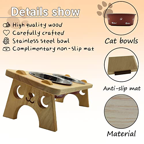 Cat Bowls Stand, Funny Food and Water Feeder for Pet, Interactive Wooden Tilted 15° Feeding Table Set Anti Vomiting, Lovely Cat Table with 2 Resistant Stainless Dishes and Solid Anti-Slip Feet Mat