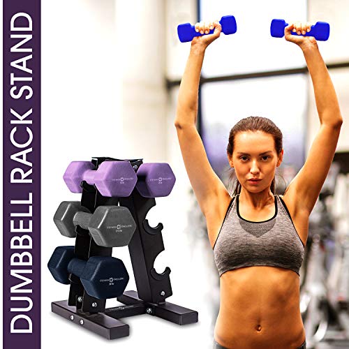 Fitness Republic Solid Steel Dumbbell Rack Holder, A-Frame Dumbbell Storage Racks, Free Weights Stand for Home Gym Exercise, Neoprene Dumbbells Pairs (15lb, 17.5lb & 20lb) with 3 Tier Rack Combo