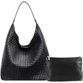 Woven Tote Bag for Women Top-handle Shoulder Bag, Leather Woven Beach Bag Hobo Bags Soft Vegan Handbag Underarm Black