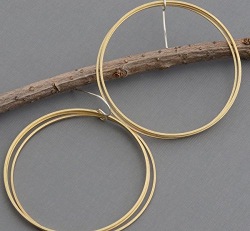 Large thin triple gold brass hoop dangle earrings lightweight 2 inch round hypoallergenic nickel free - Thumbnail 4