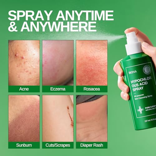 BIONA Pure Hypochlorous Acid Spray 0.018%, pH-Balanced for Face & Skin | Calming, Soothing Natural Cleanser for Acne-Prone Skin, Eczema, Irritation, Redness, Baby Rashes, Eyelid & Lash Care | Safe for All Ages & All Skin Types - 8oz/236ml