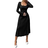 Cicy Bell Womens Sweater Dress Square Neck Maxi Dress Long Sleeve Tie Waist Fall Winter Wedding Guest Knit Midi Dresses