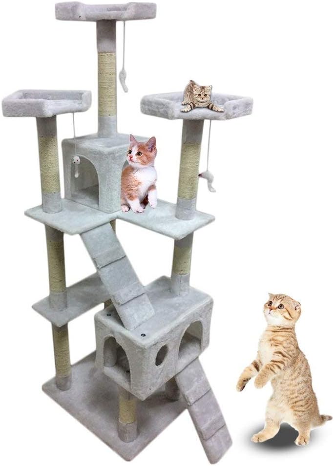 Blackpoolaluk Multi Cat Tree Stable Cat Scratch Posts Function Cat Climbing Tower Toys with Cat Home for Indoor/Outdoor Cats Activity (180cm - Milky White)