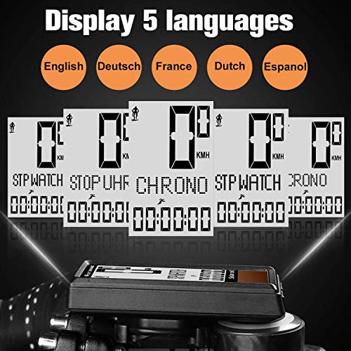 Bike Computer Solar Energy 5 Languages Display, Wireless Waterproof Cycling Speedometer A/B Bicycle Recording, Automatic Wake-up Multi-Functions Cycle Odometer with LCD Backlight, Cycling Accessories