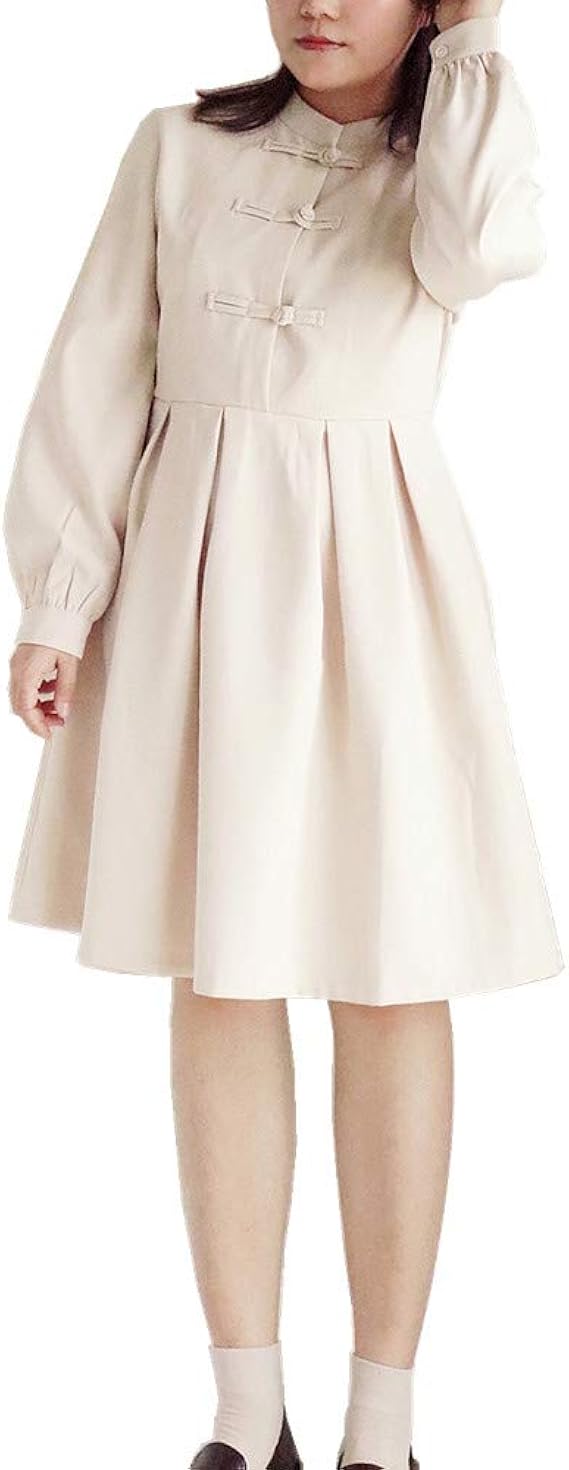 Amazon ワンピースレディース 春 チャイナドレスガールズ 長袖 ひざ丈 洋服 50 綿 ボリューム袖 可愛い 無地 厚手 きれいめ トレンド おしゃれ シンプル ベージュ系ホワイト ｓ ｍ ｌ ワンピース チュニック 通販